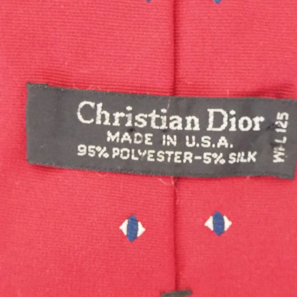 VTG‎ Christian Dior Polyester Silk Blend Tie Red Navy Classic Logo Spellout
